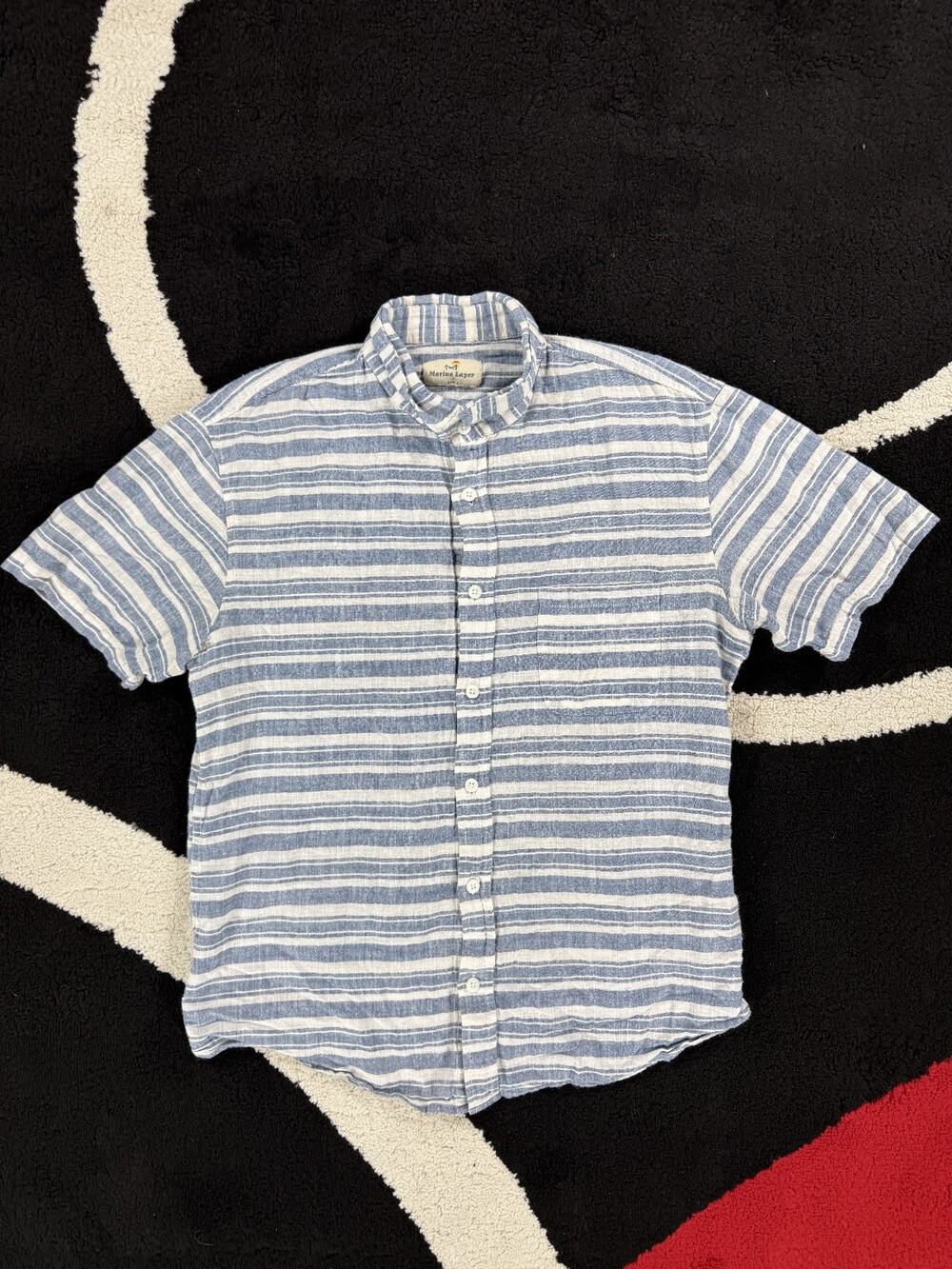 Marine Layer Mens Small Blue White Stripe Linen Blend Casual Button Up Shirt